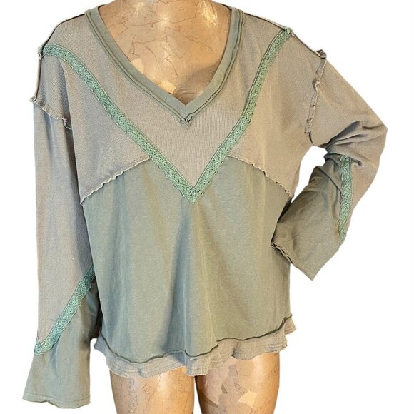 POL V-Neck Long Sleeve Exposed Seam Waffle Knit Mixed Media Top M Khaki #141V - Picture 2 of 8